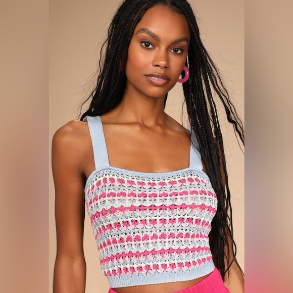 Lulus Tops - Natural Charm Light Blue Multi Crochet Lace-Up Tank Top Size XL